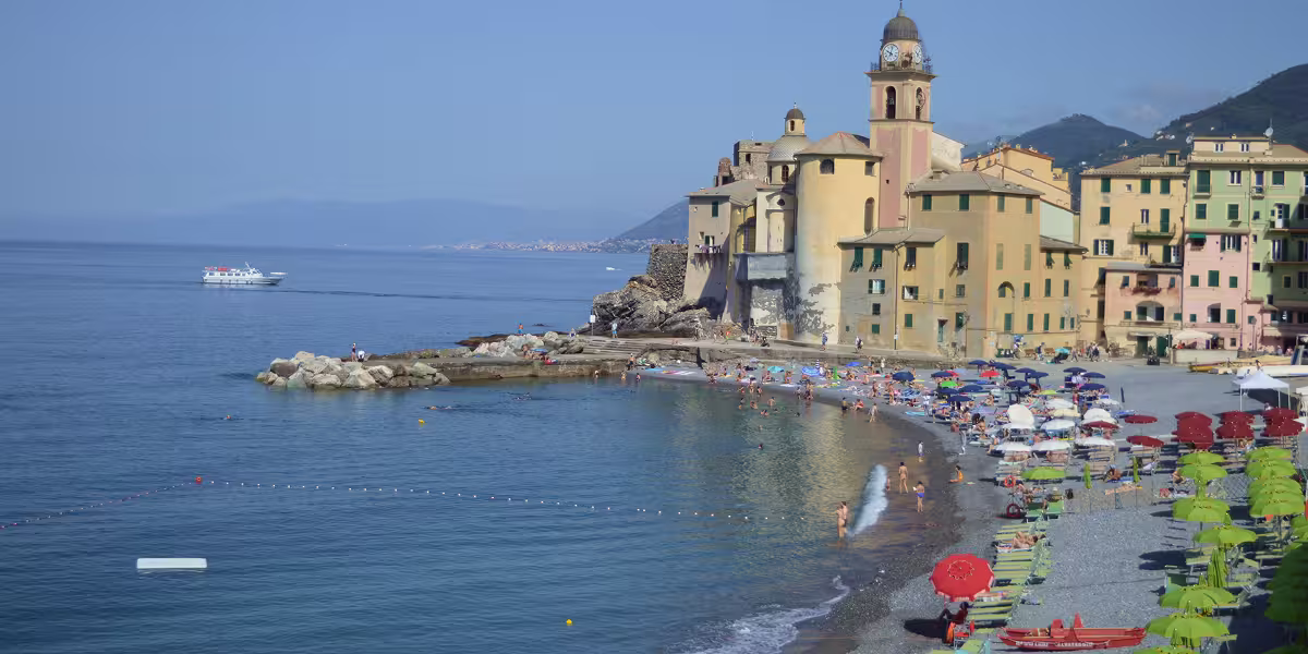 View of the beach and old center of Camogli