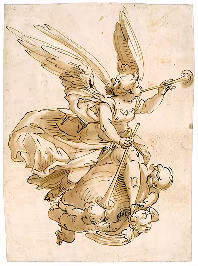 Drawing depicting Fame from painter Luca Cambiaso, founder of the Genoese School