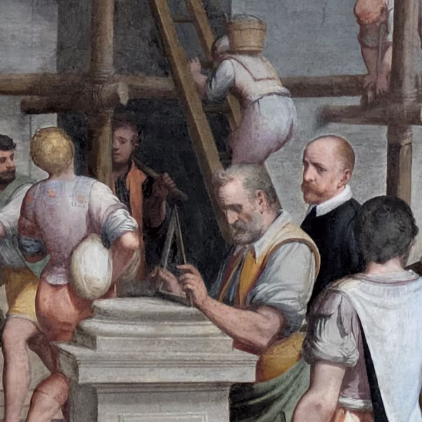 Detail of The enterprise of Megollo Lercari in Trebizond by Luca Cambiaso showing the autoportrait of the painter, Palazzo Lercari Parodi in Genoa