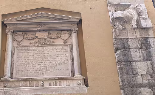 Sculpted elements on the exterior of church of San Marco al Molo, Genoa