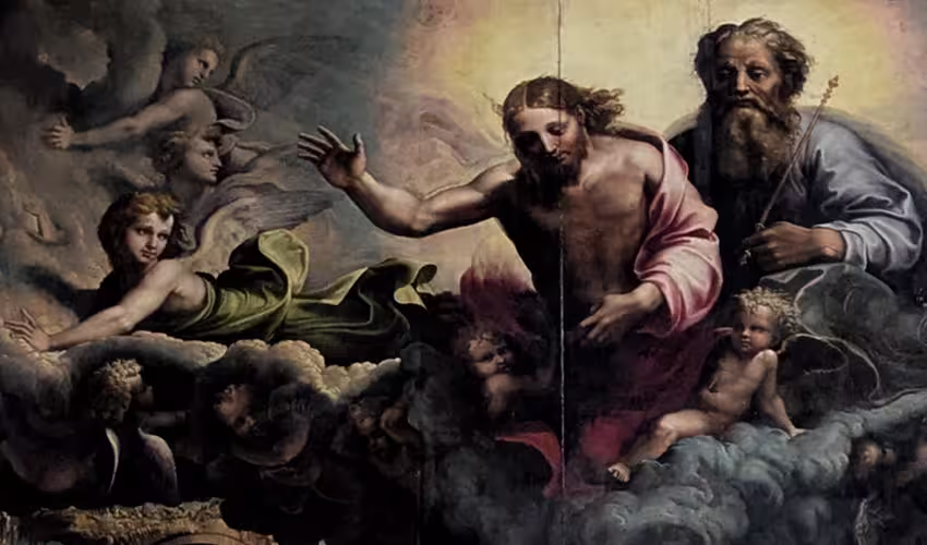 Detail of the stoning of Saint Stephen, by Giulio Romano, in the Church of Santo Stefano of Genoa