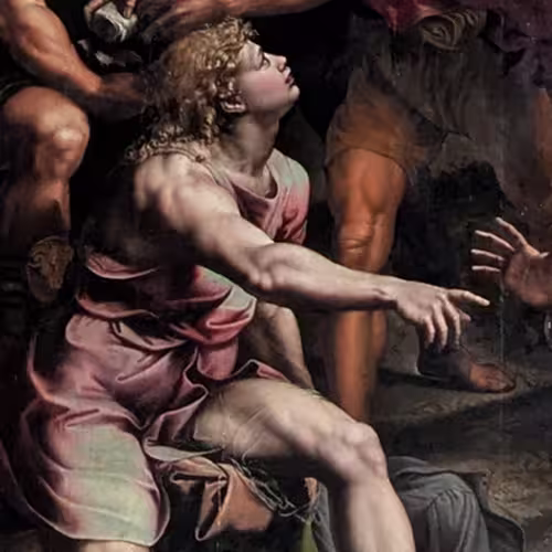 Detail of the stoning of Saint Stephen, by Giulio Romano, in the Church of Santo Stefano of Genoa