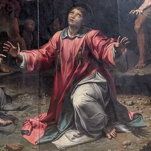 Detail of the stoning of Saint Stephen, by Giulio Romano, in the Church of Santo Stefano of Genoa