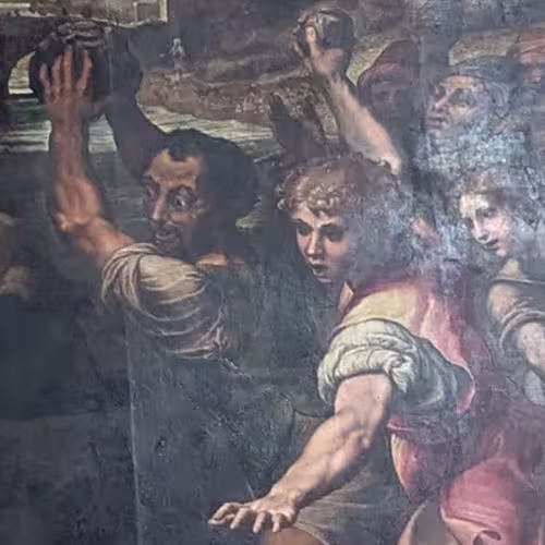 Detail of the stoning of Saint Stephen, by Giulio Romano, in the Church of Santo Stefano of Genoa