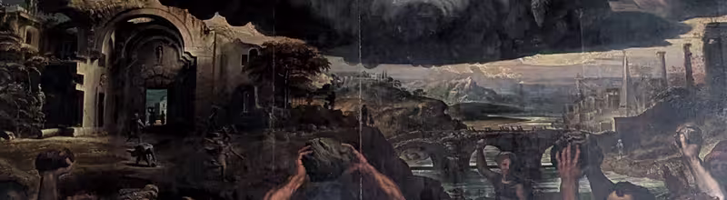 Detail of the stoning of Saint Stephen, by Giulio Romano, in the Church of Santo Stefano of Genoa