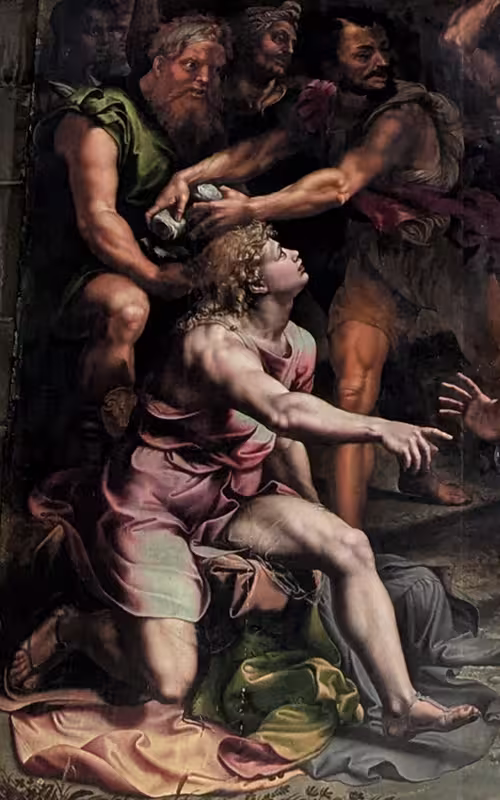 Detail of the stoning of Saint Stephen, by Giulio Romano, in the Church of Santo Stefano of Genoa