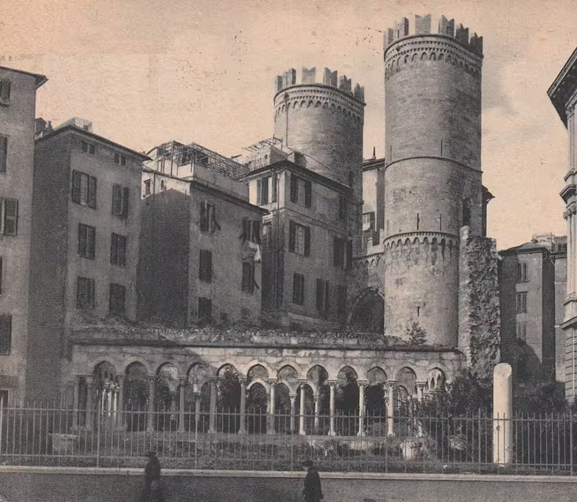 Vintage view of the Porta Soprana hemmed in by later housing, Genoa, Italy