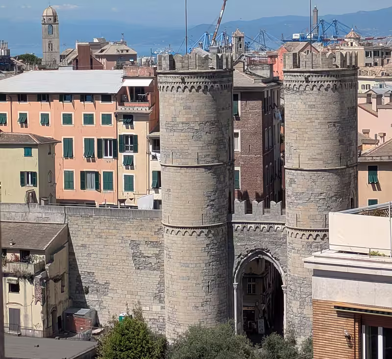 Porta Soprana, medieval gate of the Barbarossa walls of Genoa, Italy
